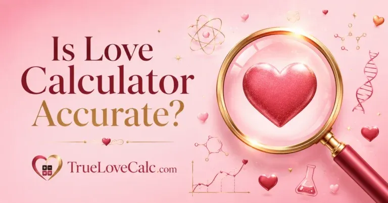A pink-themed graphic with a magnifying glass focusing on a heart, surrounded by scientific symbols and the text Is Love Calculator Accurate?