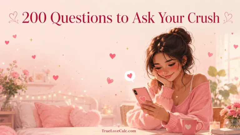A smiling young woman in a pink sweater looks at her phone in a cozy, heart-decorated bedroom.