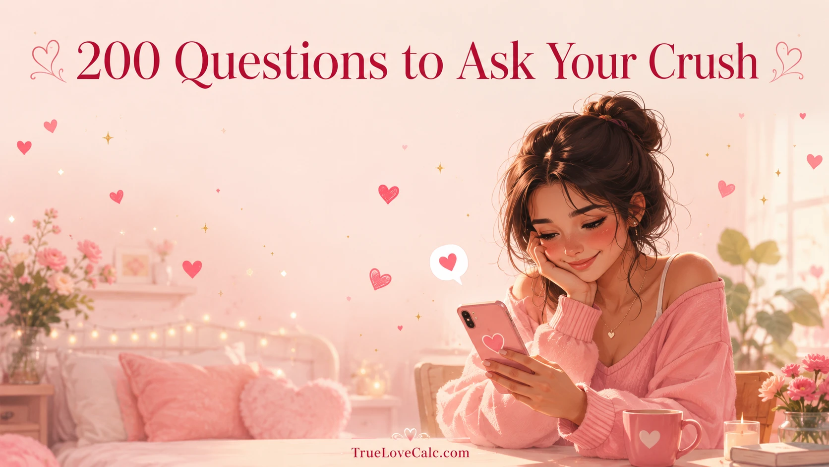 A smiling young woman in a pink sweater looks at her phone in a cozy, heart-decorated bedroom.