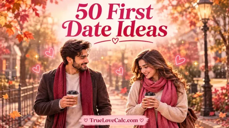 A smiling couple holding coffee cups on an autumn street with pink hearts and text reading 50 First Date Ideas.