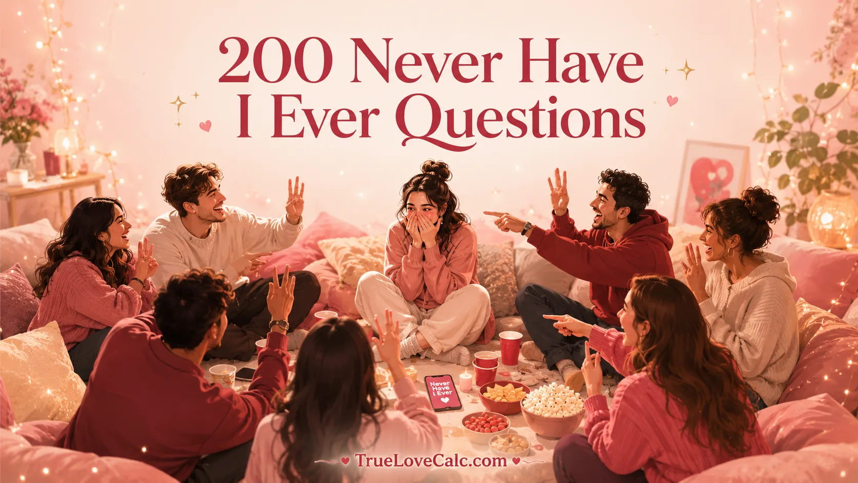 A group of friends sitting in a cozy, pink-lit room playing the game Never Have I Ever with snacks and drinks around them.