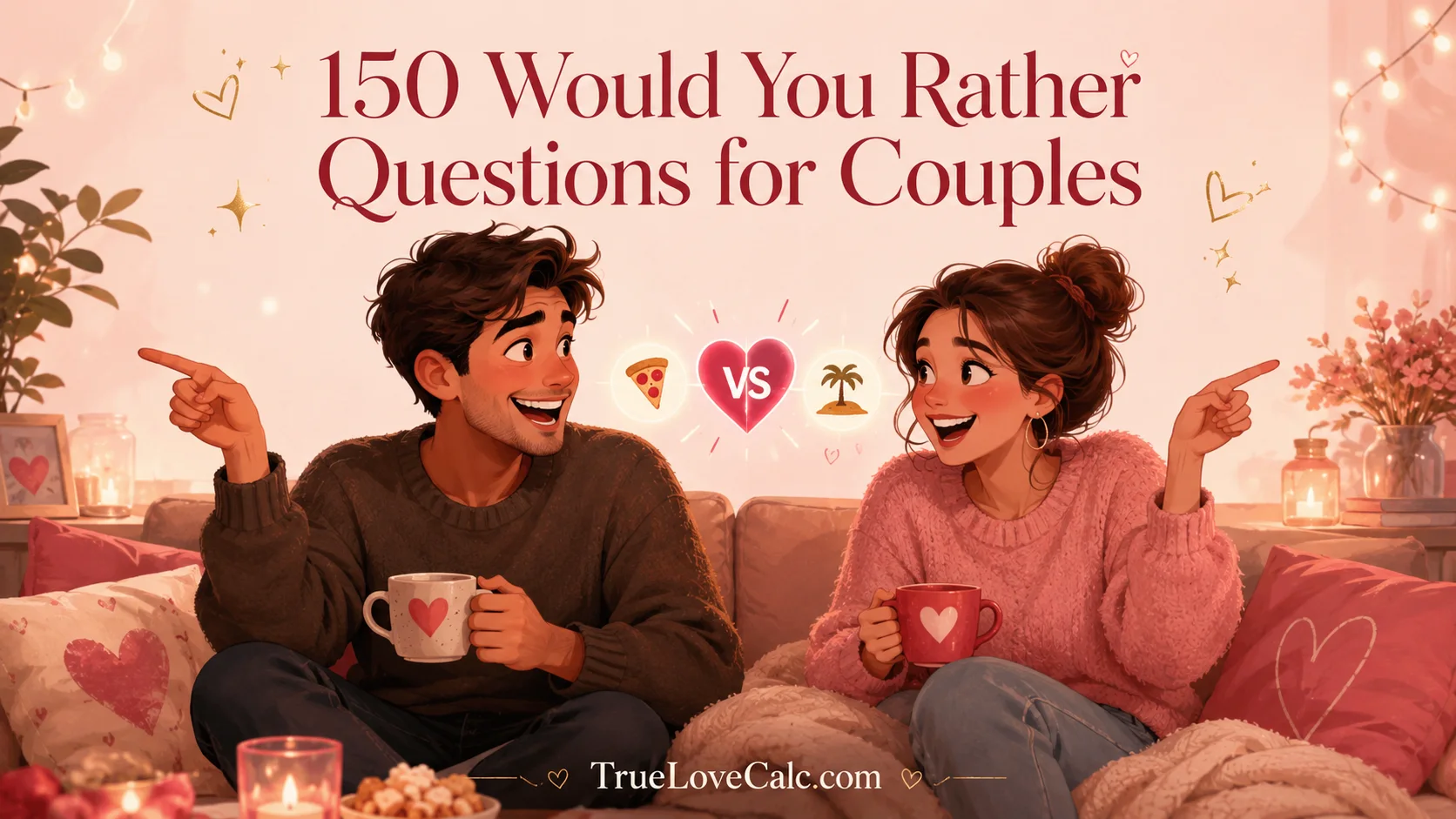 A cartoon couple sitting on a couch with mugs, pointing at each other while playing a “would you rather” game with pizza vs beach icons.